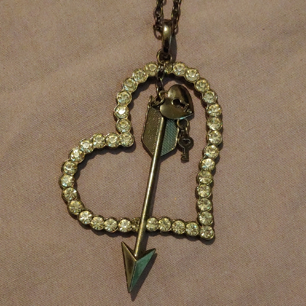 Rhinestone Heart Pendant Necklace with Arrow/Lock & Key * Black w/ Rhinestones